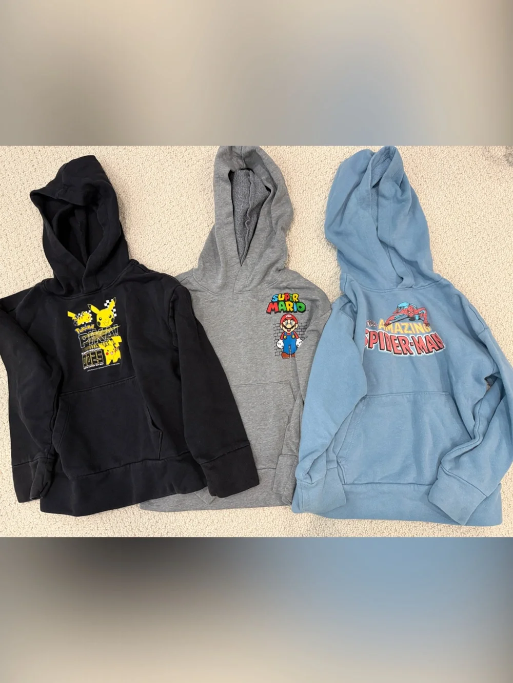 Bundle of 3 Kid’s Hoodies-Pokemon, Mario, Spider-Man